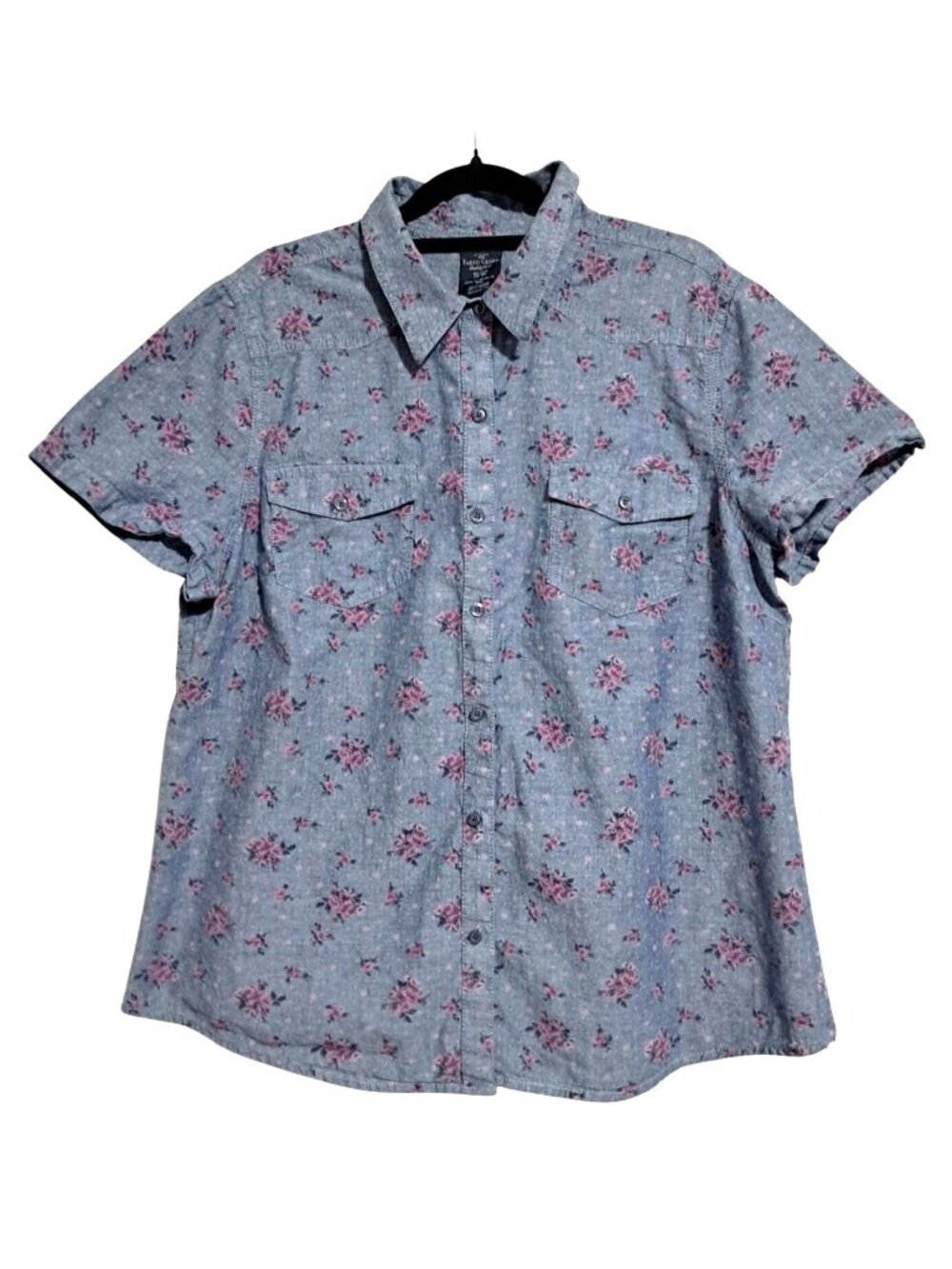 Faded Glory Womens Floral Button-Up Shirt XL Blue Pink 100% Cotton Lightweight V